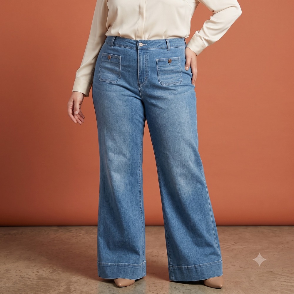 JY Cotton Gallery CG Plus Size 2XL Light Wash Wide Leg Sailor‎ Jeans Blue EUC
